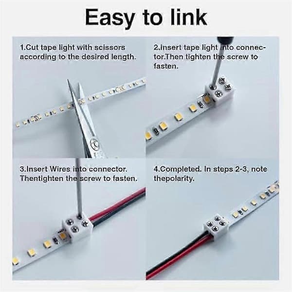 12 stk. LED-strip lysstik loddefri 2-benede 8 mm LED-stik strip til kabel til 5-24 V enfarvet LED-lysbånd