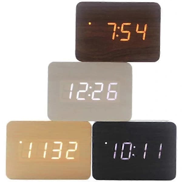 Digital LED Wooden Alarm Clock, Small Standing Clock with Date and Temperature Display
