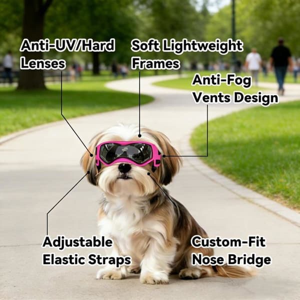 Pet Sunglasses, UV Protection, Windproof, Soft Frame, Pink, Suitable for Driving and the Beach.