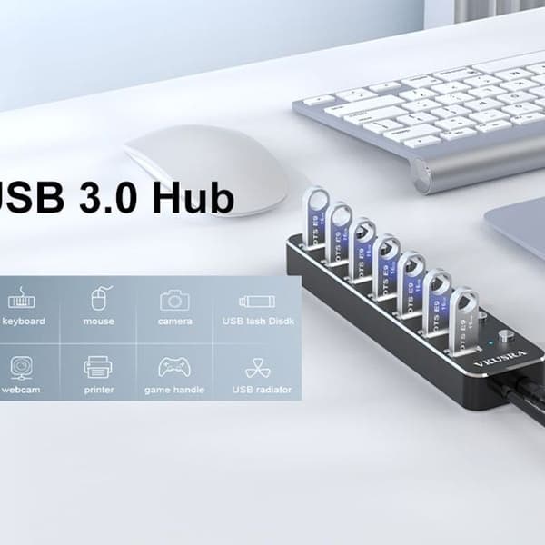 USB 3.0-hubb, 7-portars USB-hubb USB-adapter med individuell på/av-knapp