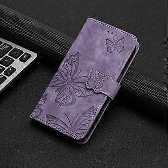 Compatible with Huawei Nova 7i Embossed Butterfly Case with Wallet and Stand - Purple Purple