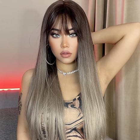 Long Straight Wig, Brown Platinum Women's Wig, Natural Long Bangs