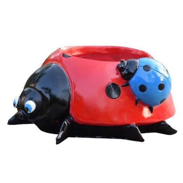 Red 5.3cm Diameter Flower Pot Decor Ladybug Shaped Smooth Surfaces Iron Planter for Garden