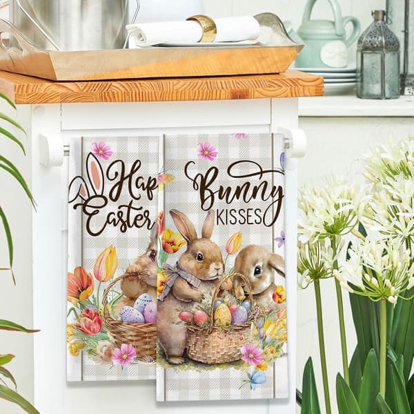 Easter Bunny Dish Towels, Happy Easter Egg Dish Towels for Kitchen with Buffalo Plaid Rustic Spring Gift Decorations for Home 2 Pcs (Ho)