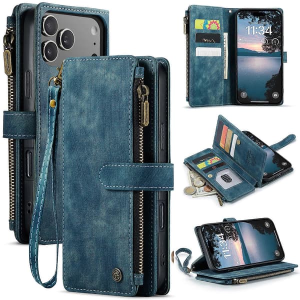For iPhone 17 Pro Max Phone Case with Strap CASEME C30 Zipper Multiple Card Holders PU Leather Case