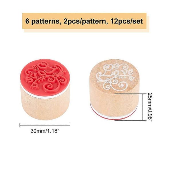 Pine Wood Stamps with Rubber Column BurlyWood 30x25mm 6 Patterns 2pcs/Pattern 12pcs/Set