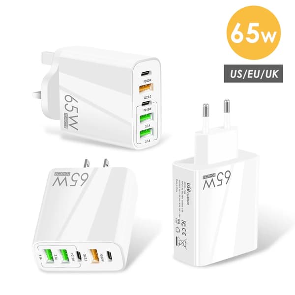 Ny PD65W Hurtiglader for Mobiltelefon 5V4APD + 3USB Multi-Port Adapterlader Hvit White