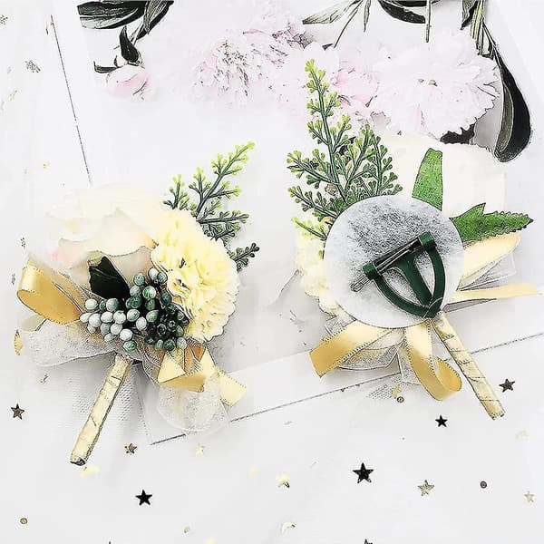 2 stk. Champagne Bryllups-boutonniere, Bryllupsblomst-armbånd