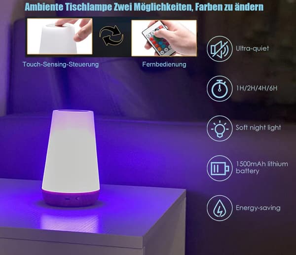 LED Night Light with Touch Control, USB Charging, Remote Control and Warm White Light + RGB Color Change