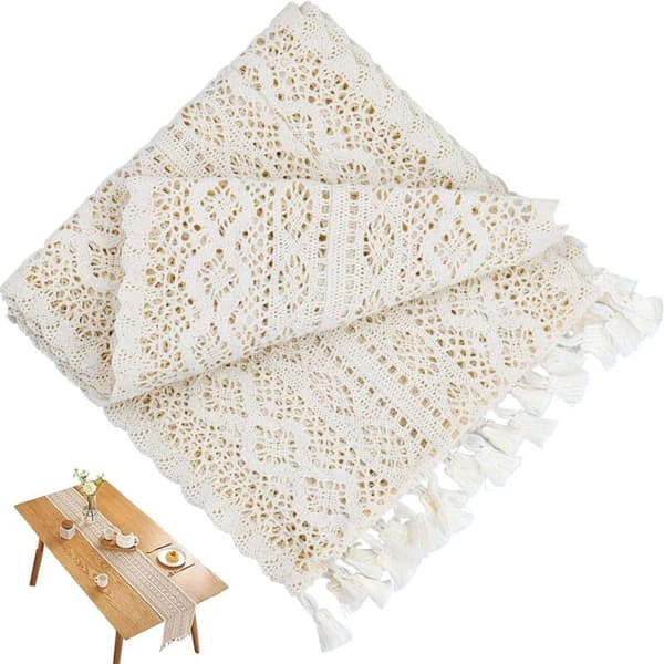 Beige Makramé Bordløper Rektangulær Heklet Blonder Elegant Hul Nettingduk for Rustikk Bohémsk Bryllupsdekor Brude- og Babyshowerdekor