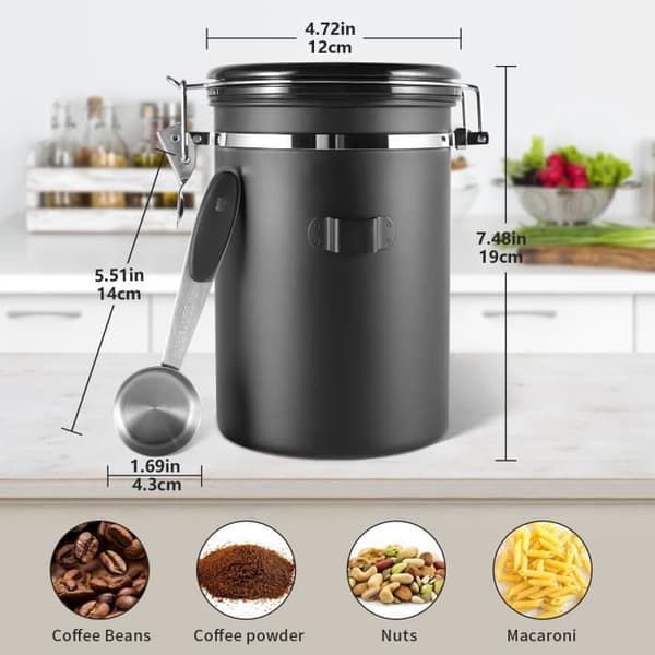 1,8L Lufttæt Kaffedåse i Rustfrit Stål - Bønnebeholder, Sort