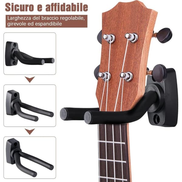 Gitarrväggfäste, Gitarrkrok med 5 plektrum, Ukuleleväggfäste, Elgitarr, Klassisk gitarr, Bas, Hängare, Svart (1 st)