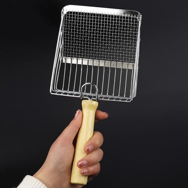 Stainless Steel Cat Litter Scoop with Wooden Handle - Two-in-One Function - Stand Included