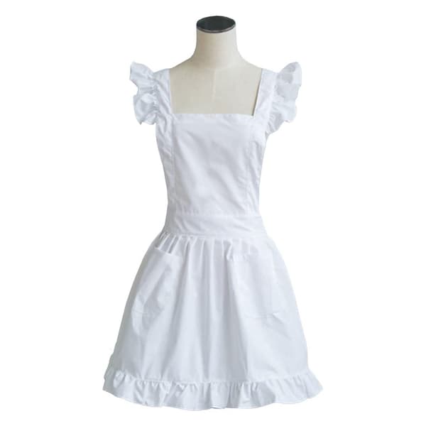 Victorian Cotton Ruffle Maid Apron with Pockets, Adjustable Crisscross Back for Cosplay, Kitchen Baking, White