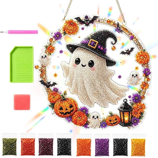 Halloween Edelsteinbild katter spøkelse flat akryl-glitter dekorasjon hvit - Weiß