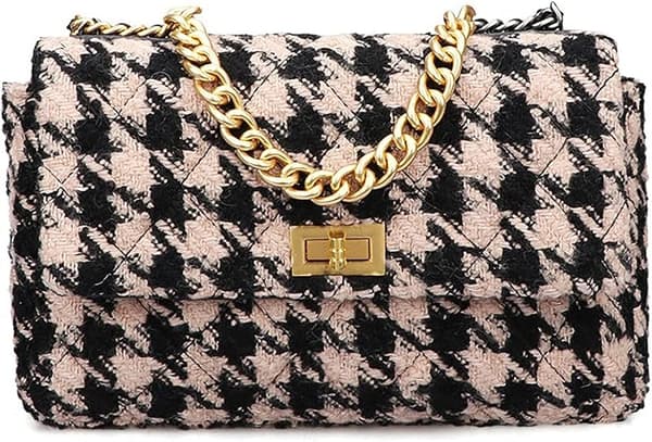 PU-læder Sort og Hvidt Houndstooth Dame Skuldertaske A