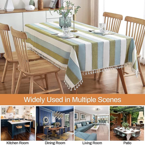 Dining Table Striped Fringed Tablecloth Rectangular Tablecloth Cotton Linen Fabric Table Cover for Kitchen Dining Table 140x180cm Green