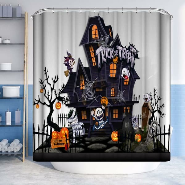 Halloween Badeforhæng til badeværelset, Thriller Hus Edderkoppespind Græskar Badeværelsesgardiner, Vandtæt polyesterstof, Maskinvaskbart til Halloween