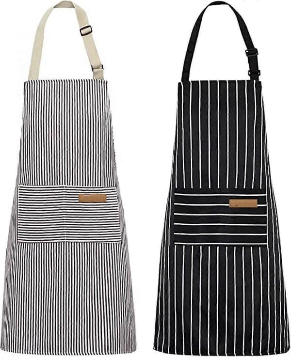 Two-pack kitchen aprons, adjustable and soft chef aprons with 2 pockets, unisex (black/brown stripes)
