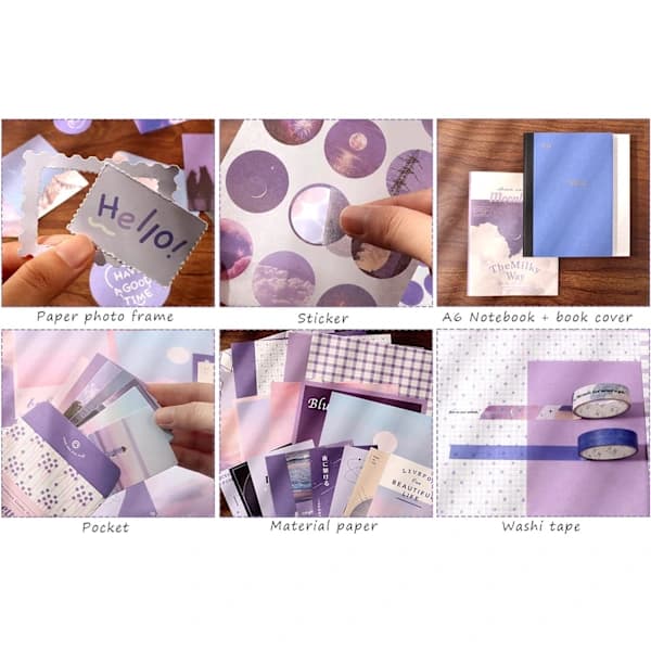 351-delt scrapbooking-tilbehørssæt, lilla æstetisk bullet journal scrapbog-kit med A6-notesbog med tern