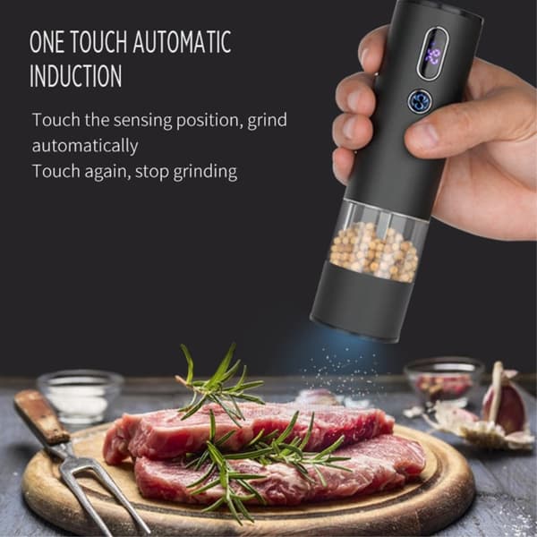 Salt Pepper Spice Grinder Battery Operated with LED - light Svart black