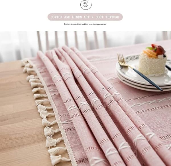 Rose - Rektangulær brodert frynset linstoff flekkbestandig duk