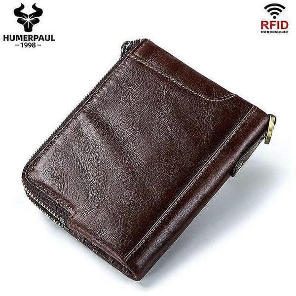 Practical and Beautiful Humerpaul Genuine Leather RFID Blocking Double Zipper Men's Wallet Bifold Slim Horizontal Wallet