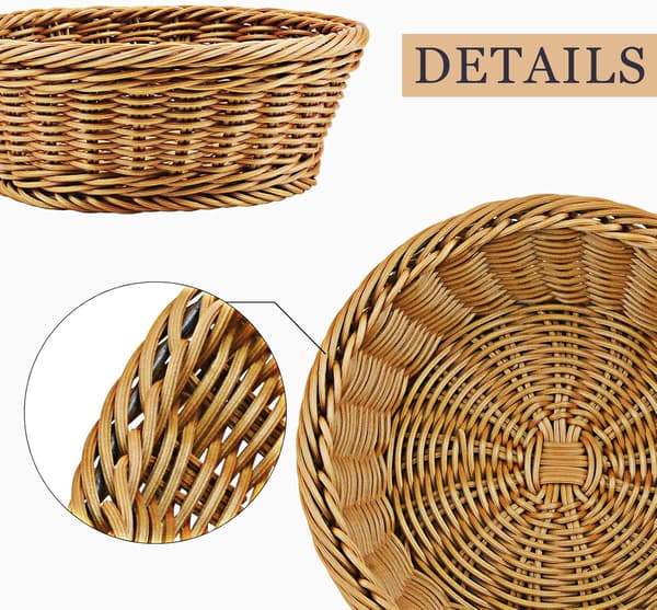 Woven Basket, 3 pcs Poly-Wicker Bread Storage Baskets for Food Fruit Vegetables, Shallow Store Supermarket Display Serving Restaurant Home Kitchen