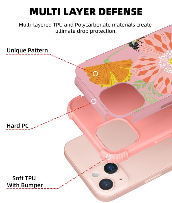 1 stk. lyserøde bi-blomster til kvindelig iPhone 13 All-Inclusive Drop-P