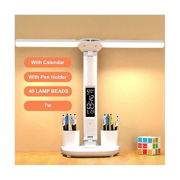 LED Skrivebordslampe USB Dæmpbar, Foldbar Bordlampe med Kalender, Temperaturur og Natlampe