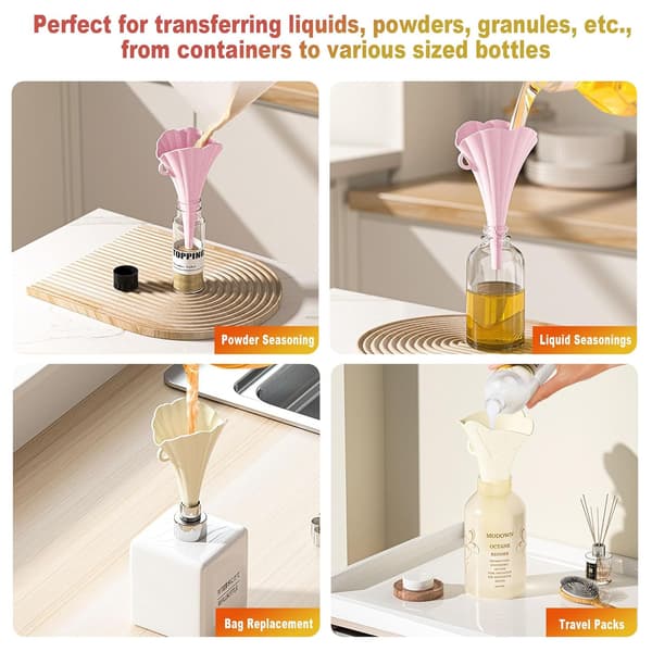 Kitchen Funnel Set of 4, Foldable Silicone Flower Shape Funnel, Kitchen Accessory Gadgets for Jars Bottle Liquid Transfer