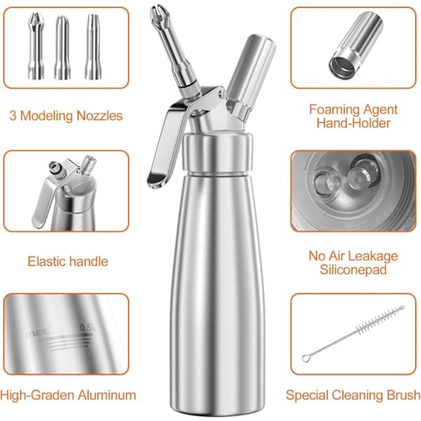 Aluminium Flødesifon 500ml, Professionel Flødedispenser med 3 Dyser og Rengøringsbørste