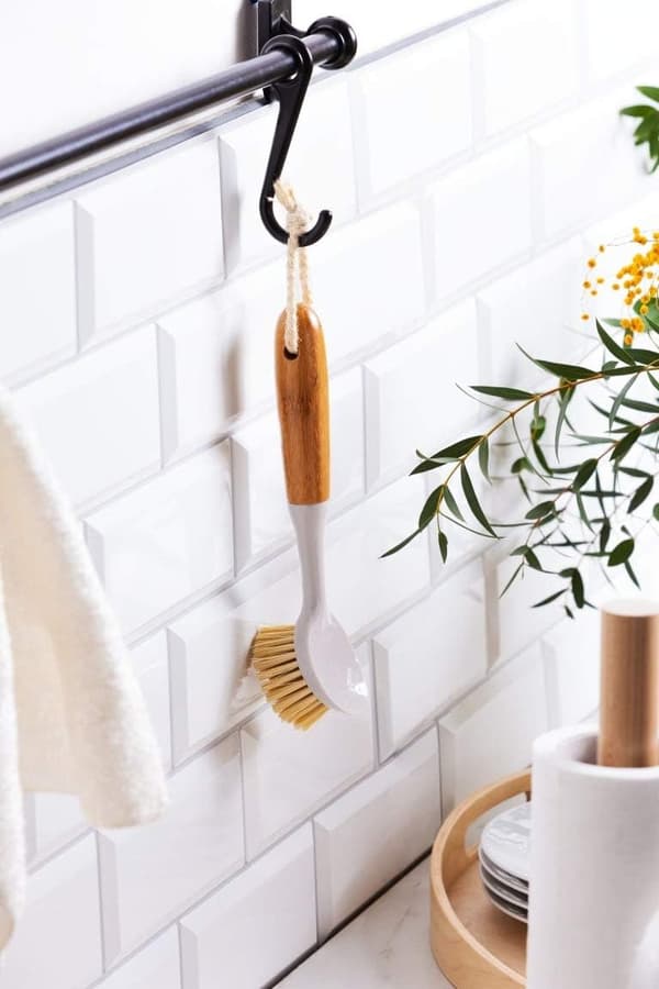 Suitable for Various Cleaning Tasks Bamboo Handle Dish Brush, Non-Scratch Bristles Kitchen Cleaning Tools, Odorless Built-in Scraper