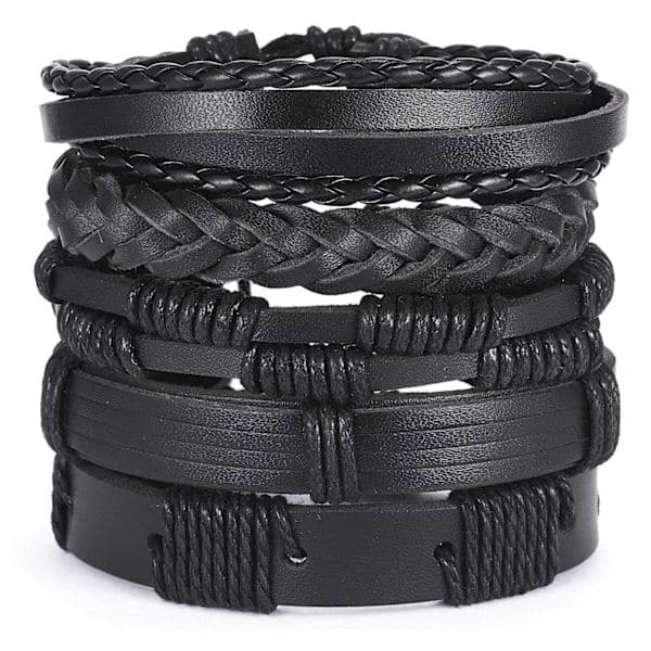 5-pak Håndlavede Læderarmbånd Herrearmbånd Sort