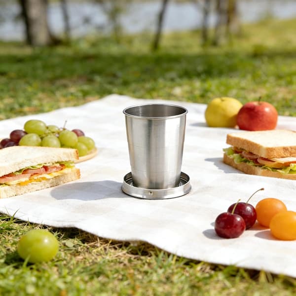 2-delt sammenklappelig kop i rustfrit stål, 250 ml, perfekt til rejser, med nøglering, ideel til camping og vandreture