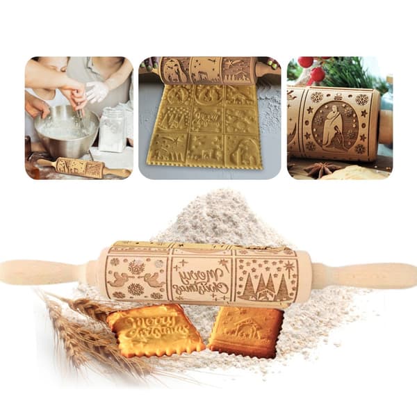 Nativity Scene Wooden Embossing Rolling Pin, Kitchen Baking Tool with Various Patterns
