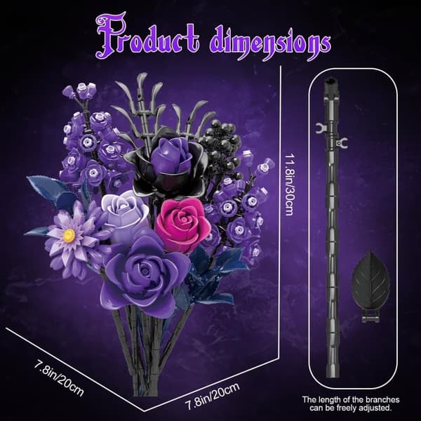 Purple Roses Building Block Set - Gothic Botanical Home Decor, 822 Pieces