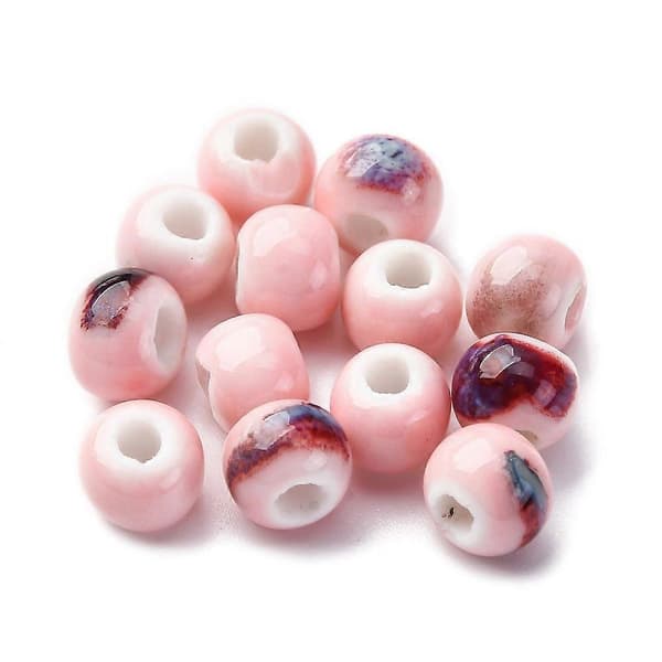Håndlavede porcelænsperler, runde, lyserøde, 6~7x5~6mm Hul: 2mm