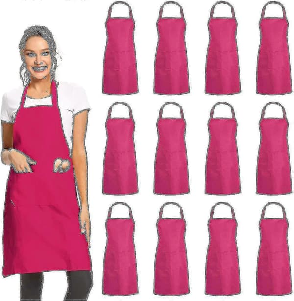 12-pack Simple Bib Aprons with 2 Pockets - Black Unisex Bulk Apron Rose Red Rose Red