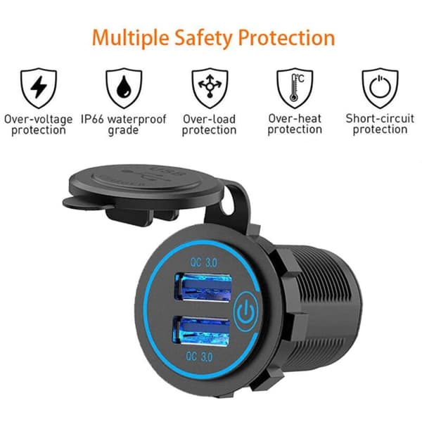 2 Pcs QC3.0 Dual USB Car Charger 12V/24V Cigarette Lighter Socket with Blue Light Touch Switch