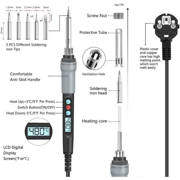 90W Electric Soldering Iron with Digital Display, Internal Heating, Constant Temperature, LCD Digital Display, with Power Switch and Standby Mode -