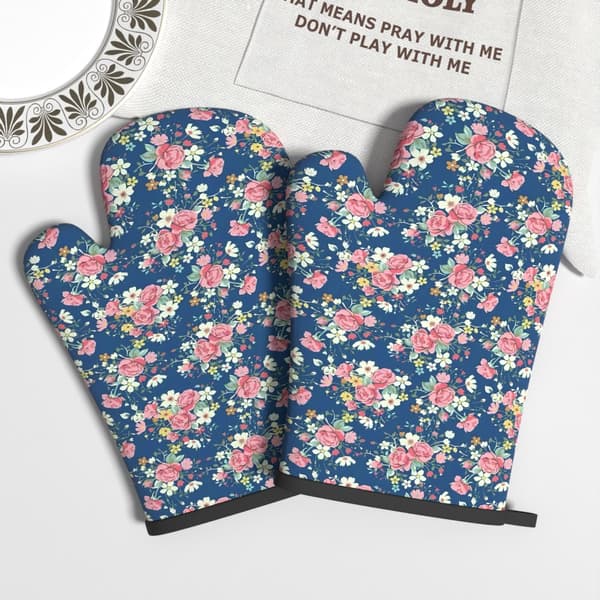 Heat-resistant oven mitts with hanging loop, 2-pack - Non-slip grip with floral pattern 2 pcs