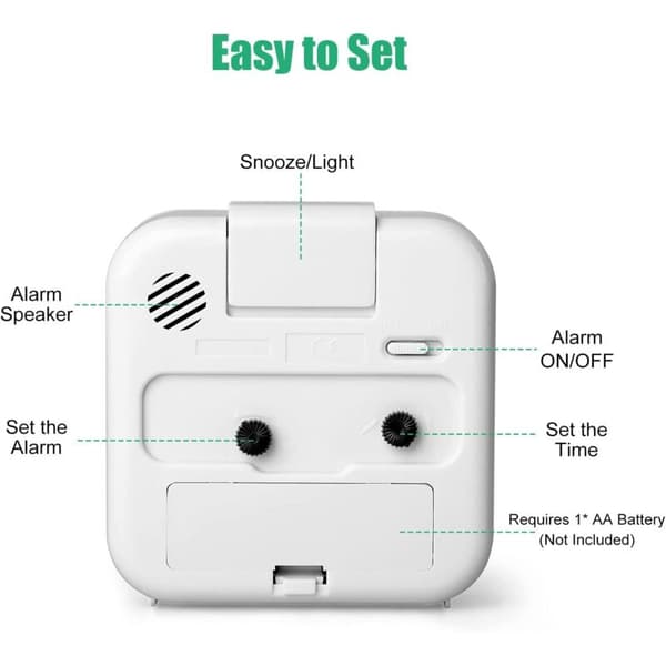 Silent Alarm Clock with Snooze Light White Battery Operated READCLY