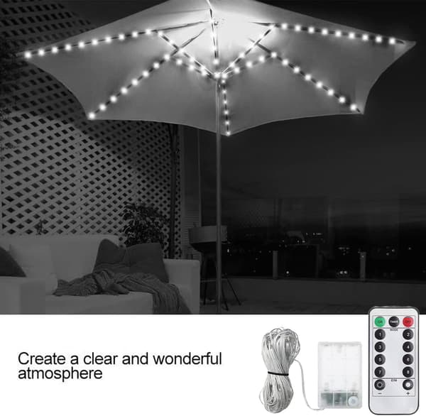 Waterproof 104 LED Battery Operated Umbrella Lights with Remote Control, 8 Lighting Modes (White) [Energy Class A]