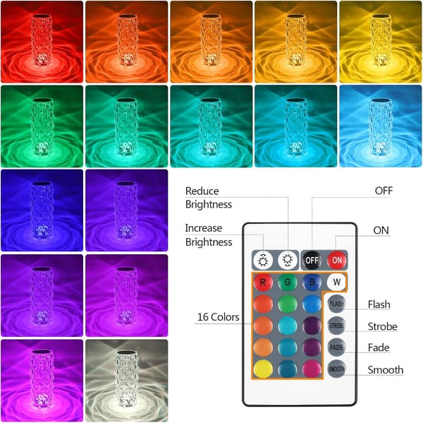 Crystal Table Lamp - LED Diamond Table Lamp with 16 Colors - Rechargeable Mood Lamp - Touch Control and Remote Control