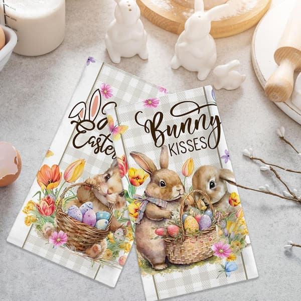 Easter Bunny Dish Towels, Happy Easter Egg Dish Towels for Kitchen with Buffalo Plaid Rustic Spring Gift Decorations for Home 2 Pcs (Ho)
