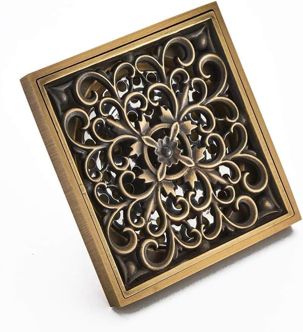 Antique Floral Pattern Engraved Unique Square Brass Shower Drain for Bathroom Floor - 10*10cm.