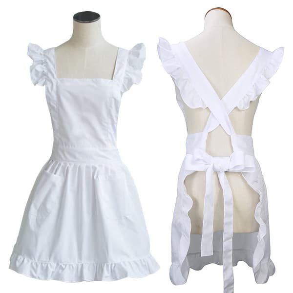 Victorian Cotton Ruffle Maid Apron with Pockets, Adjustable Crisscross Back for Cosplay, Kitchen Baking, White