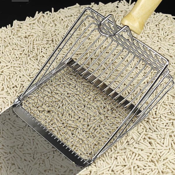 Stainless Steel Cat Litter Scoop with Wooden Handle - Two-in-One Function - Stand Included