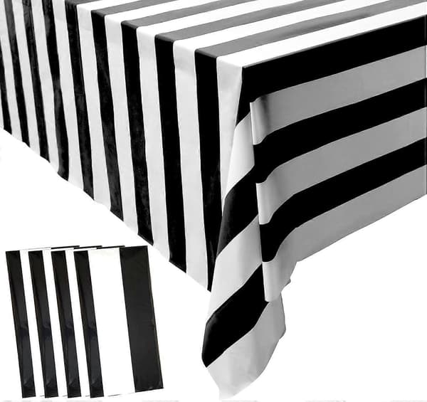 4 Pieces Black and White Striped Tablecloths, Plastic Striped Tablecloth, Waterproof Rectangular Tablecloth for Holiday Party, Picnic Decoration